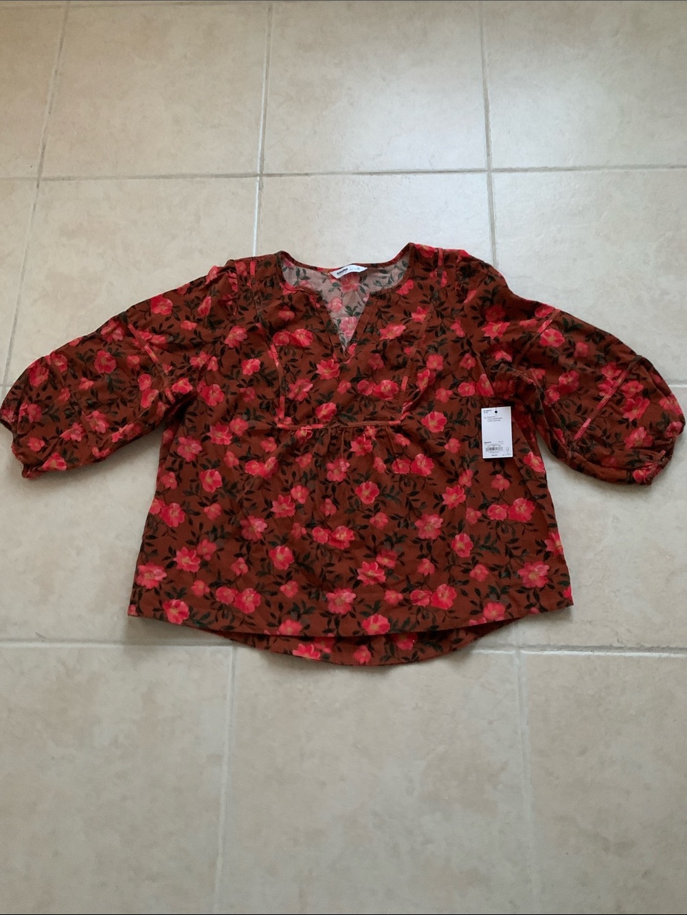 Sonoma Brown Blouse with Pink Floral Print